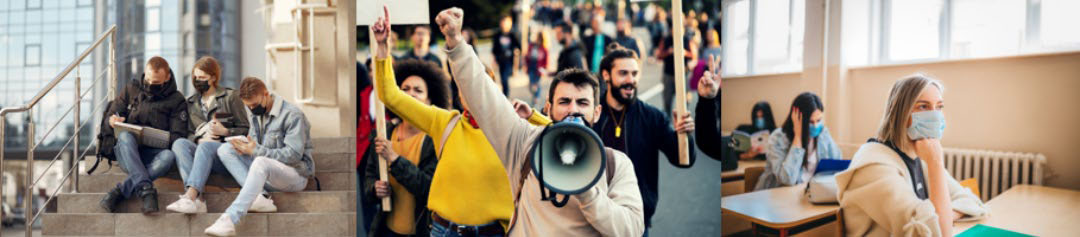 Students wearing a mask and people protesting